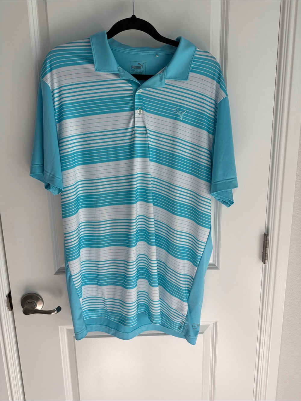 Puma Men’s Aqua and White Striped Performance Polo